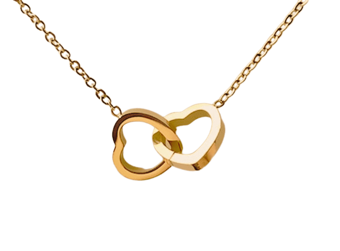 Features an enchanting double heart pendant that symbolizes the everlasting bond of love. The 18K gold-plated necklace, crafted from durable stainless steel, is complemented by a classic cable chain that adds a touch of elegance. The lobster clasp closure with extension ensures an adjustable fit, making this captivating necklace a versatile and heartfelt addition to your jewelry collection.