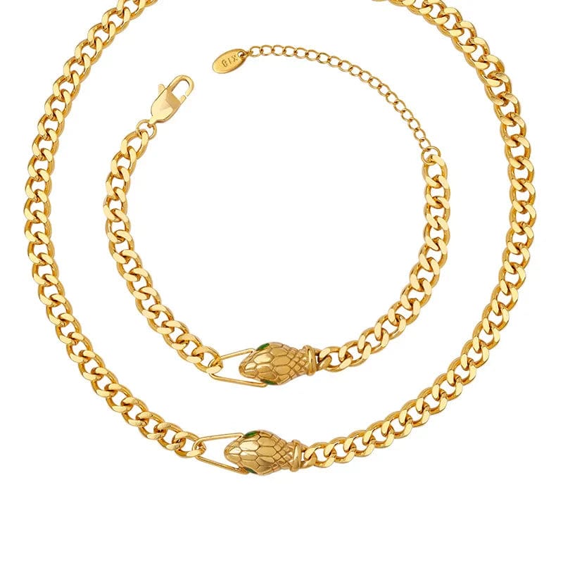 erpentine Charm - 14K Gold-Plated Stainless Steel Necklace and Bracelet Set with Cuban Link Chain and Snake Feature