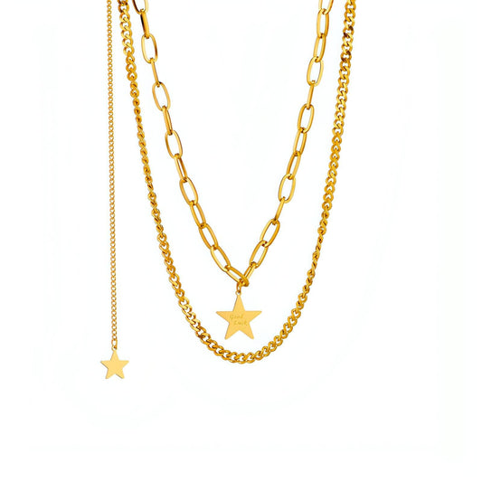 Starlit 18K Gold-Plated Stainless Steel Double-layered Necklace with Star Pendant