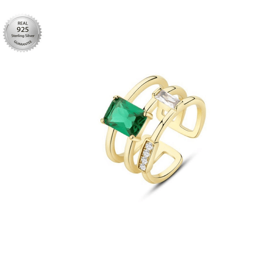 Green Cubic Zirconia Adjustable Ring, 18K Gold-Plated, Sterling Silver Jewelry