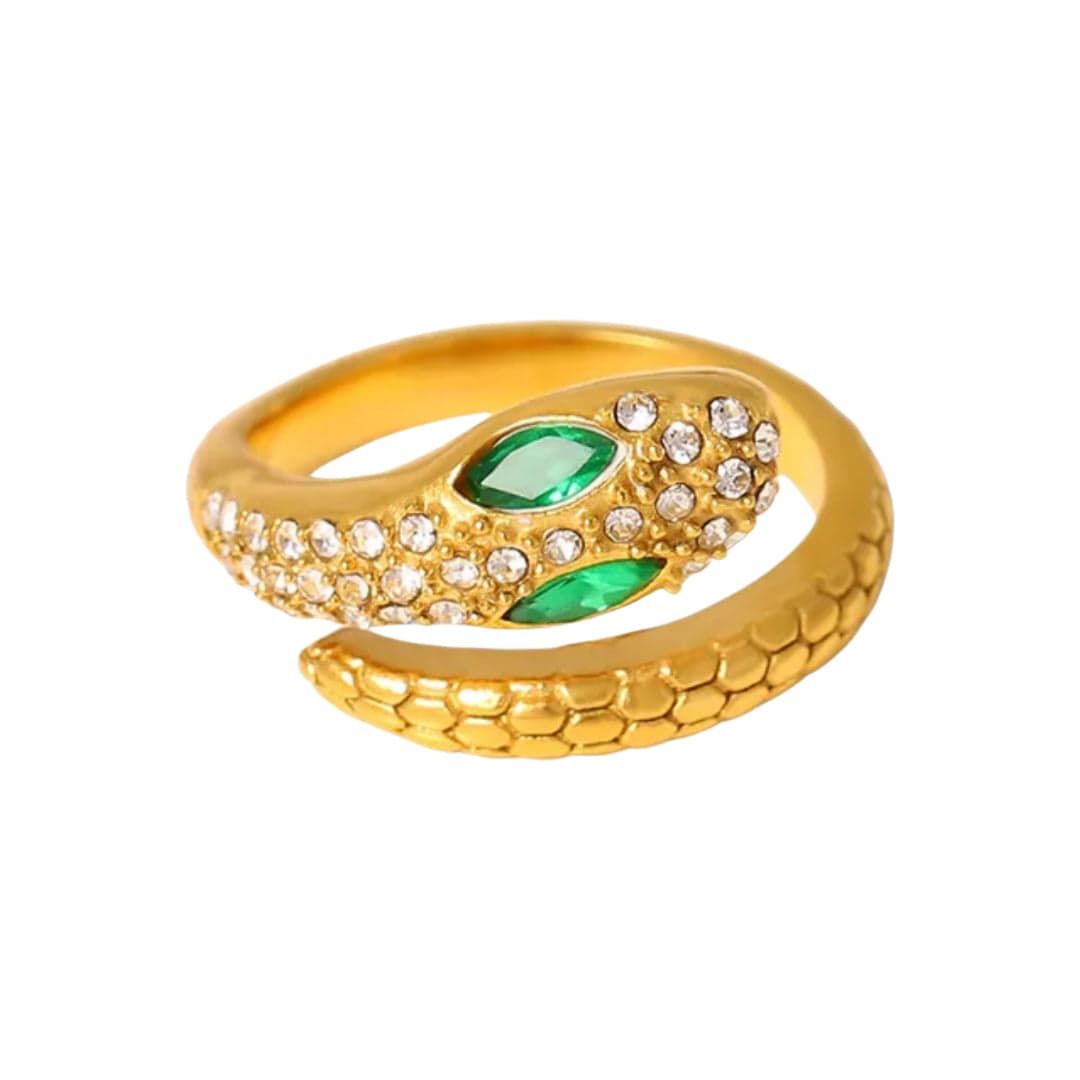 Adjustable Titanium Snake Ring, 14K Gold-Plated, Cubic Zirconia Jewelry