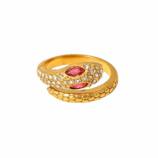 Adjustable Titanium Snake Ring, 14K Gold-Plated, Cubic Zirconia Jewelry