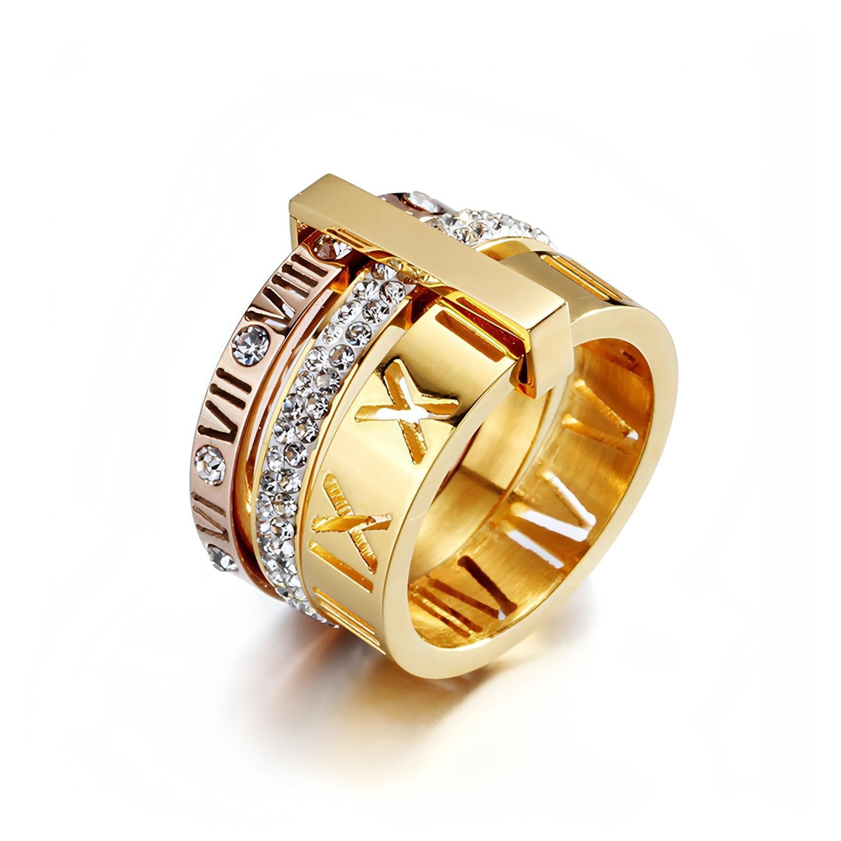 Titanium Roman Numeral Tri-Gold Ring, 14K Gold-Plated, Elegant Jewelry